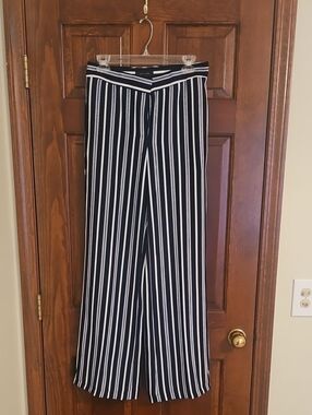 Ann Taylor Navy & White Striped Wide-Leg Trousers